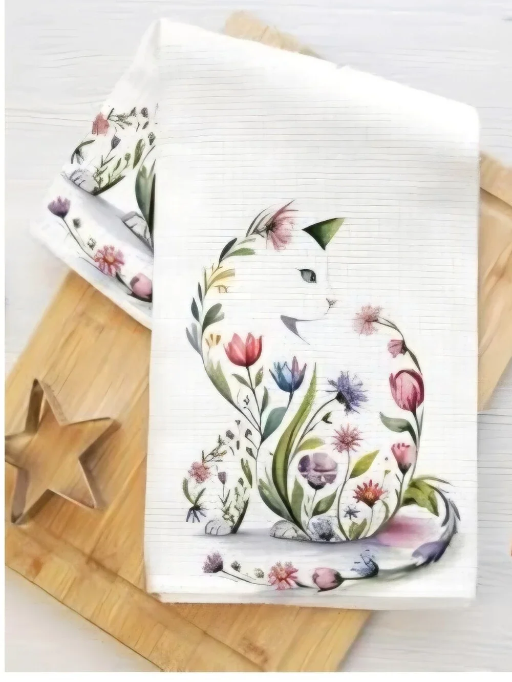 New Pair of Floral Cat Cotton Tea Towels #1552-381